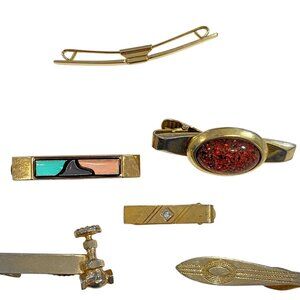 Vintage Lot Of 6 Gold-Tone Tie Bars & Clips With Unique Designs & Inlays Crane